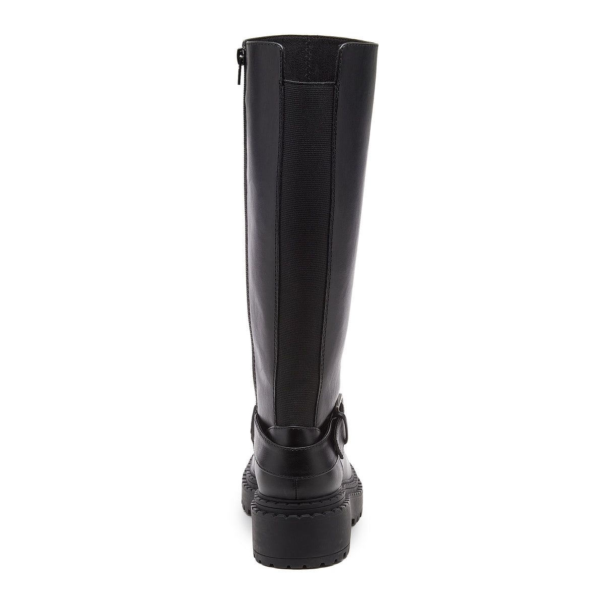 Parker Black Knee High Boots black boots back view showing rear stretch panel, buckle strap and block heel