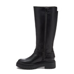 Parker Black Knee High Boots black boots side view showing side zip, buckle strap and treaded sole