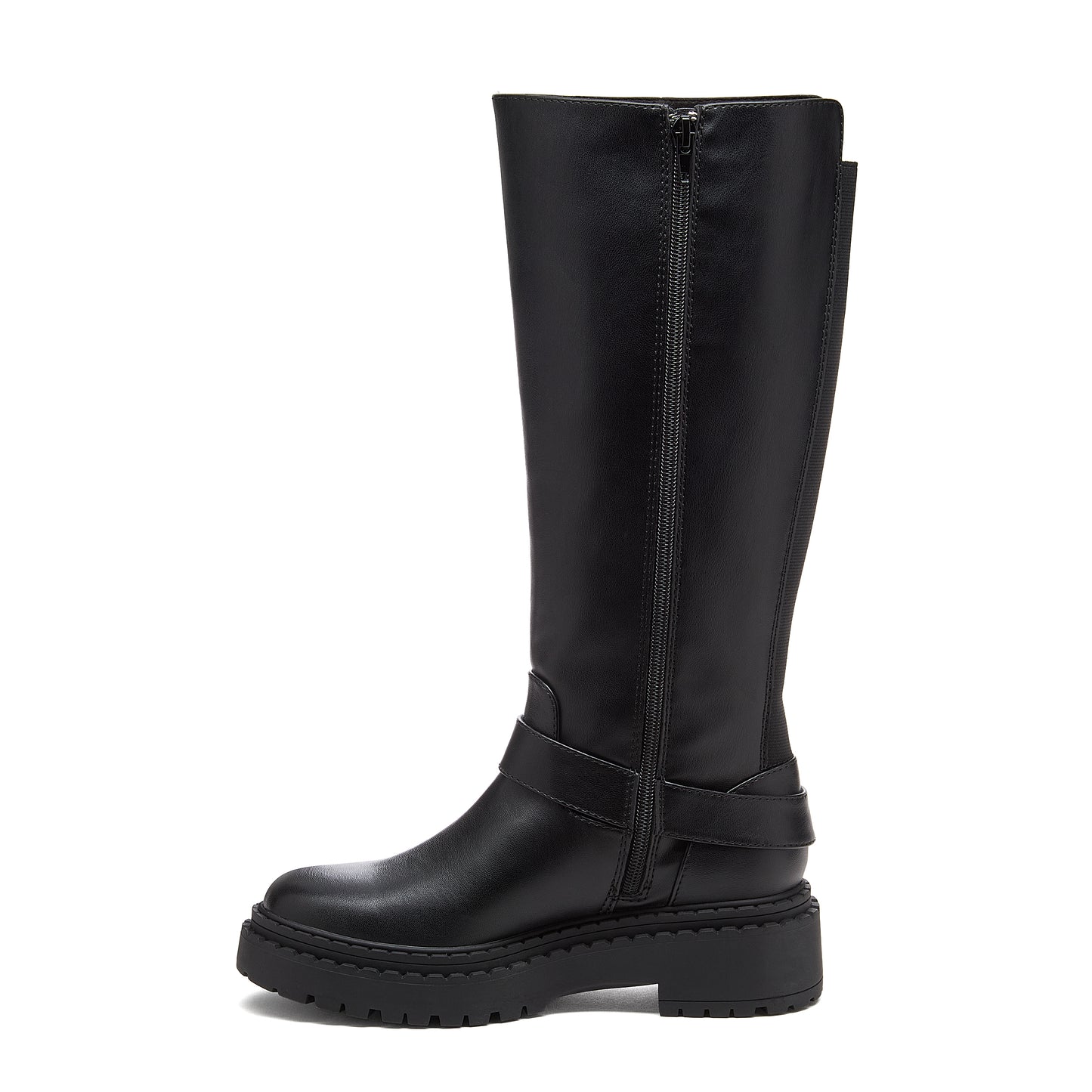 Parker Black Knee High Boots black boots side view showing side zip, buckle strap and treaded sole