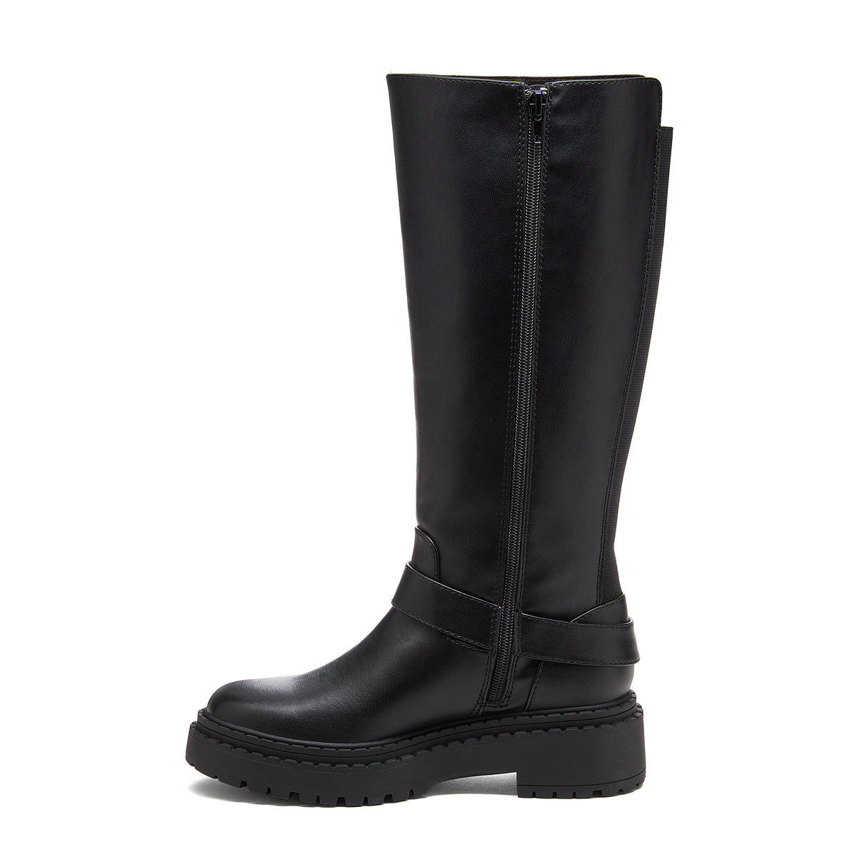 Parker Black Knee High Boots black boots side view showing side zip, buckle strap and treaded sole