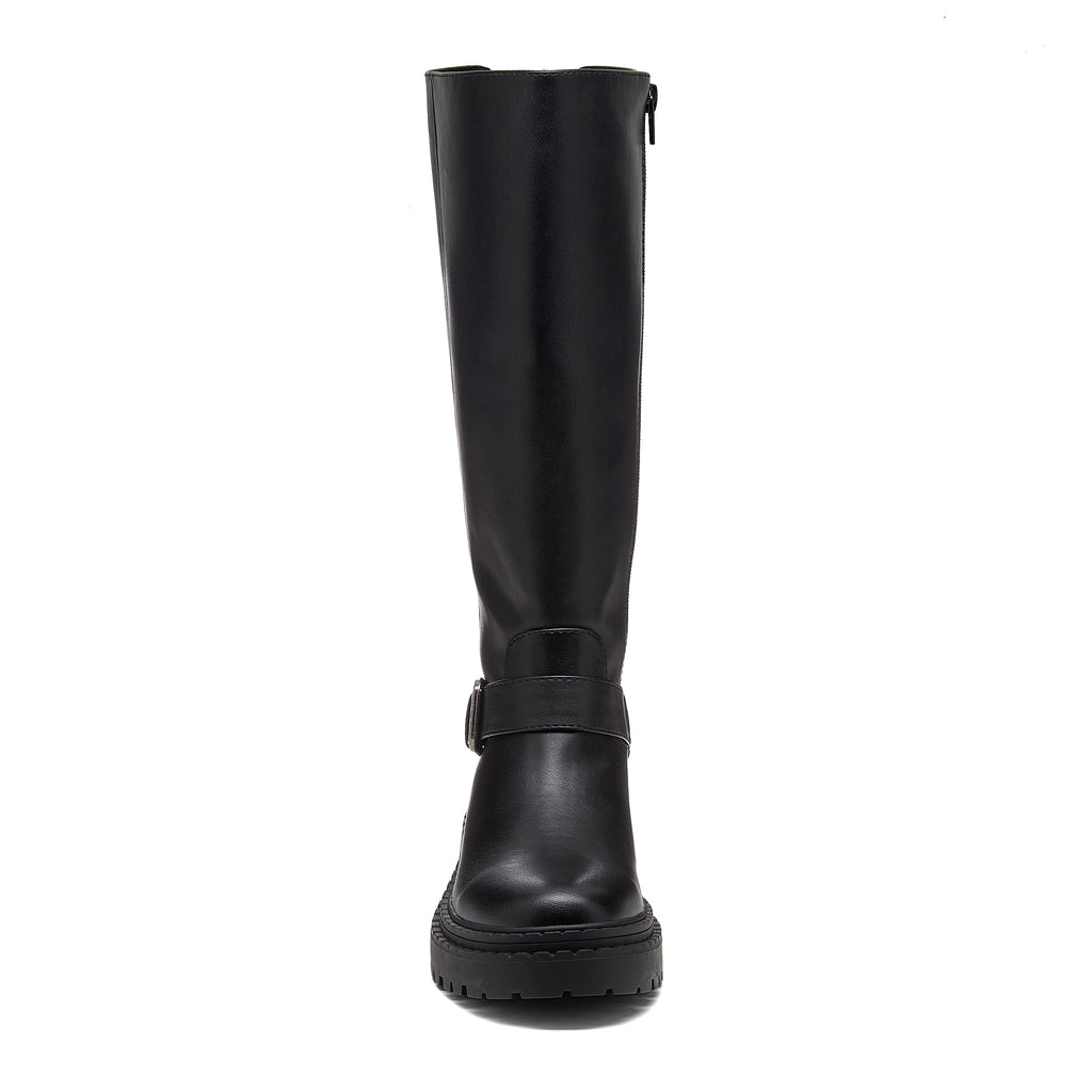 Parker Black Knee High Boots black boots front view showing tall shaft, buckle strap and side zip pull