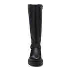 Parker Black Knee High Boots black boots front view showing tall shaft, buckle strap and side zip pull