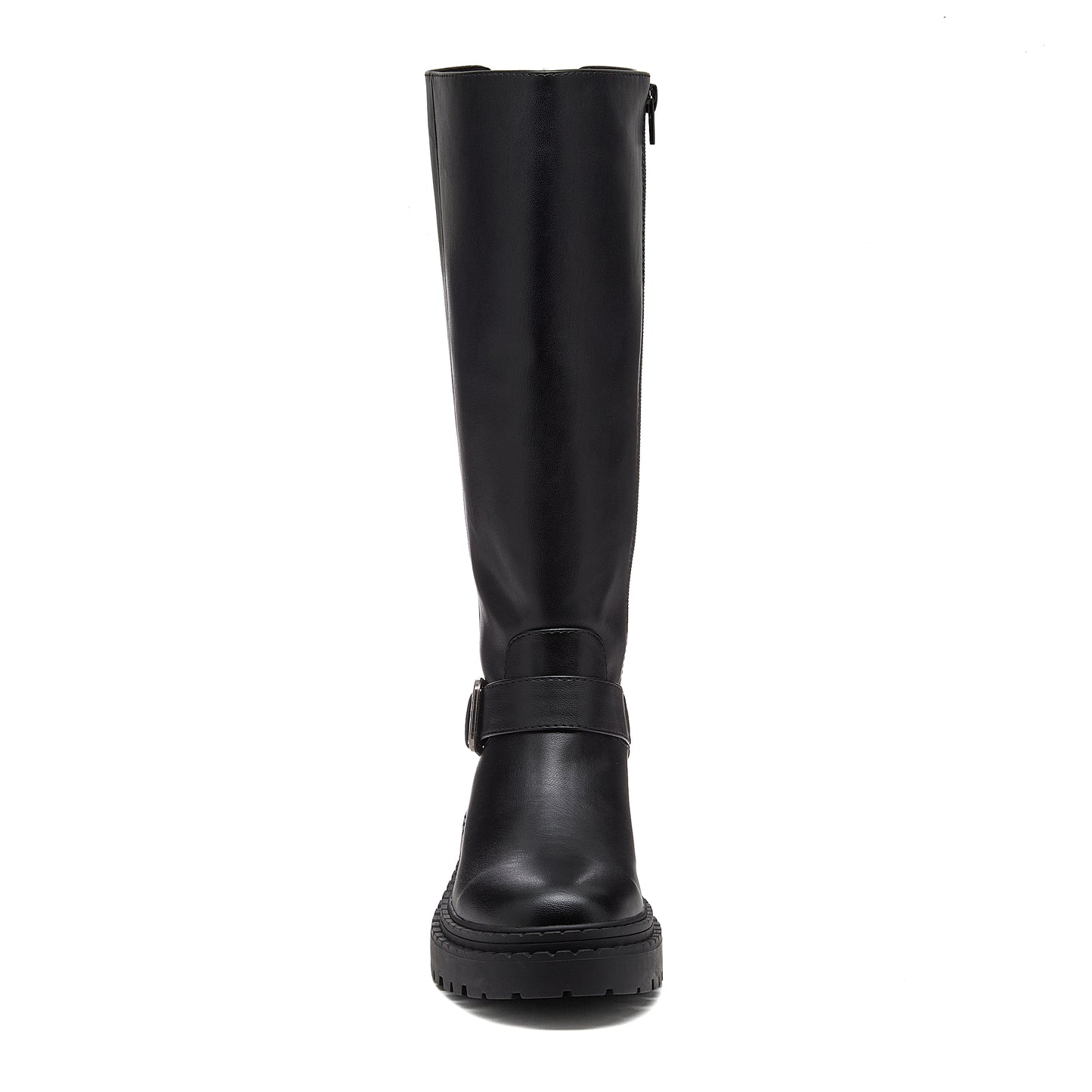 Parker Black Knee High Boots black boots front view showing tall shaft, buckle strap and side zip pull