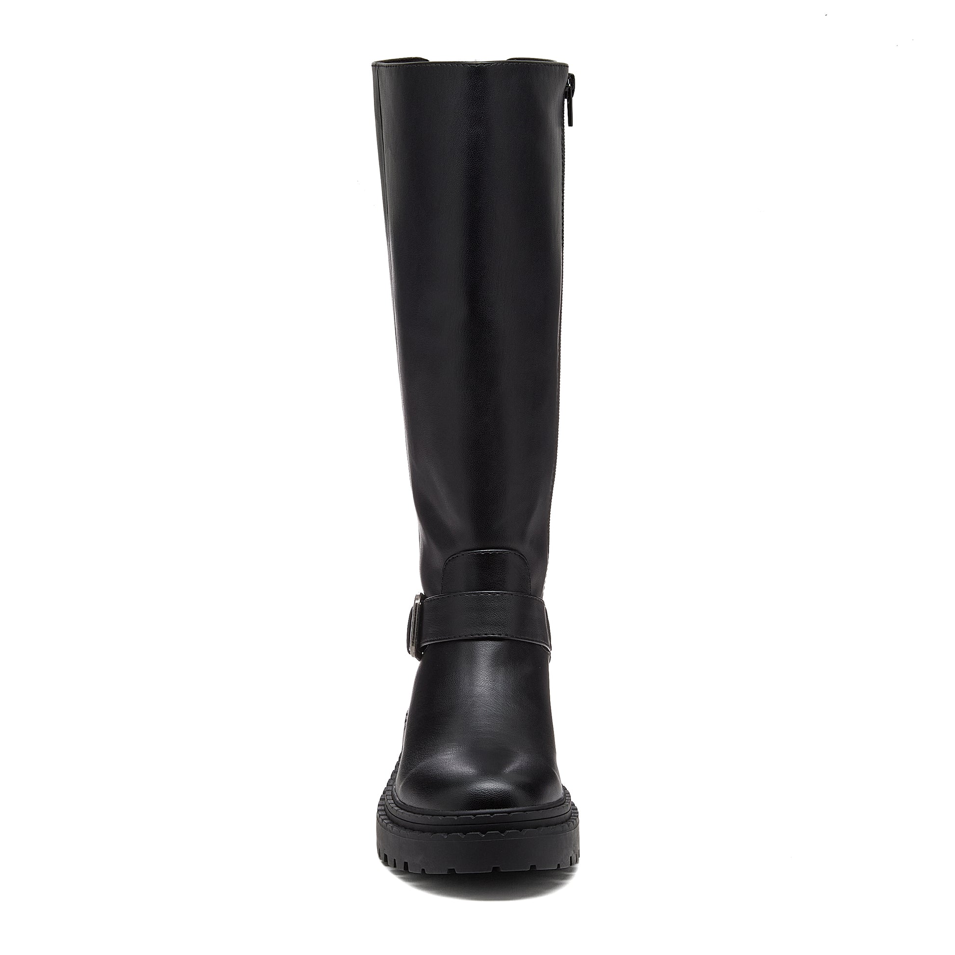Parker Black Knee High Boots black boots front view showing tall shaft, buckle strap and side zip pull