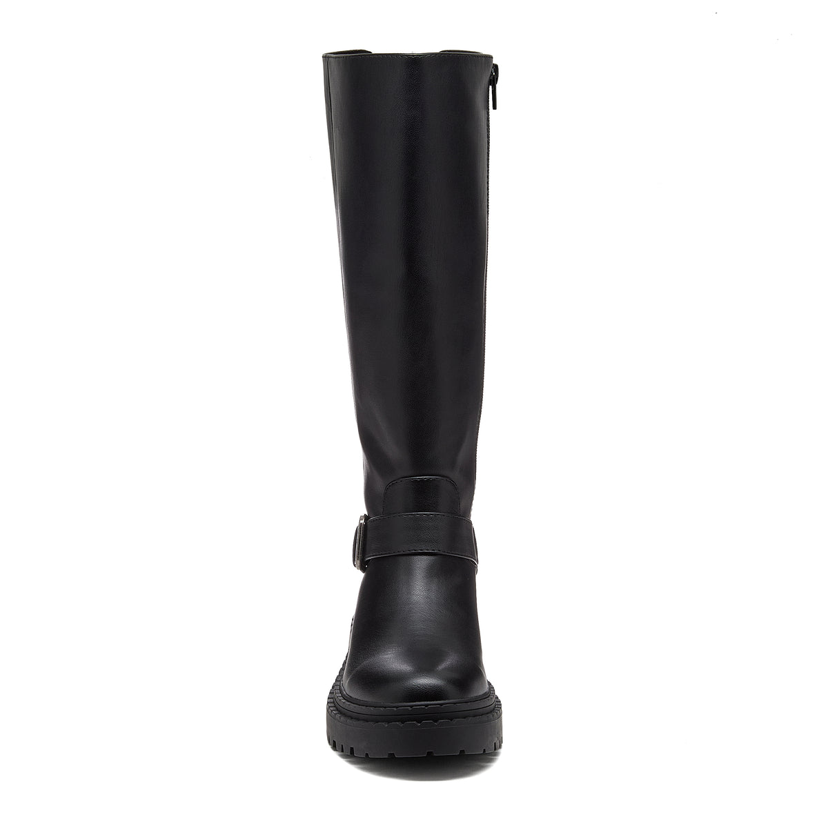 Parker Black Knee High Boots black boots front view showing tall shaft, buckle strap and side zip pull