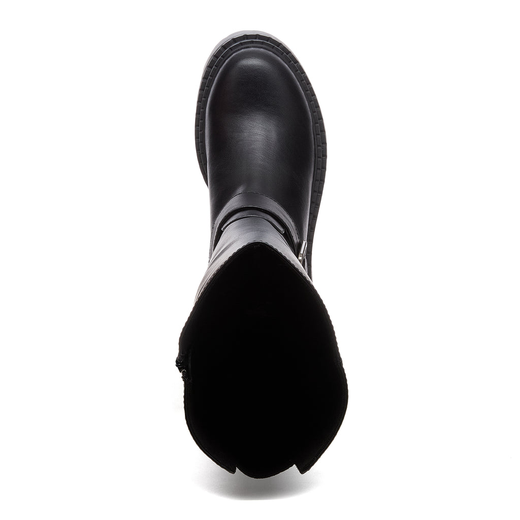 Parker Black Knee High Boots black boots top view showing rounded toe, open shaft and buckle strap