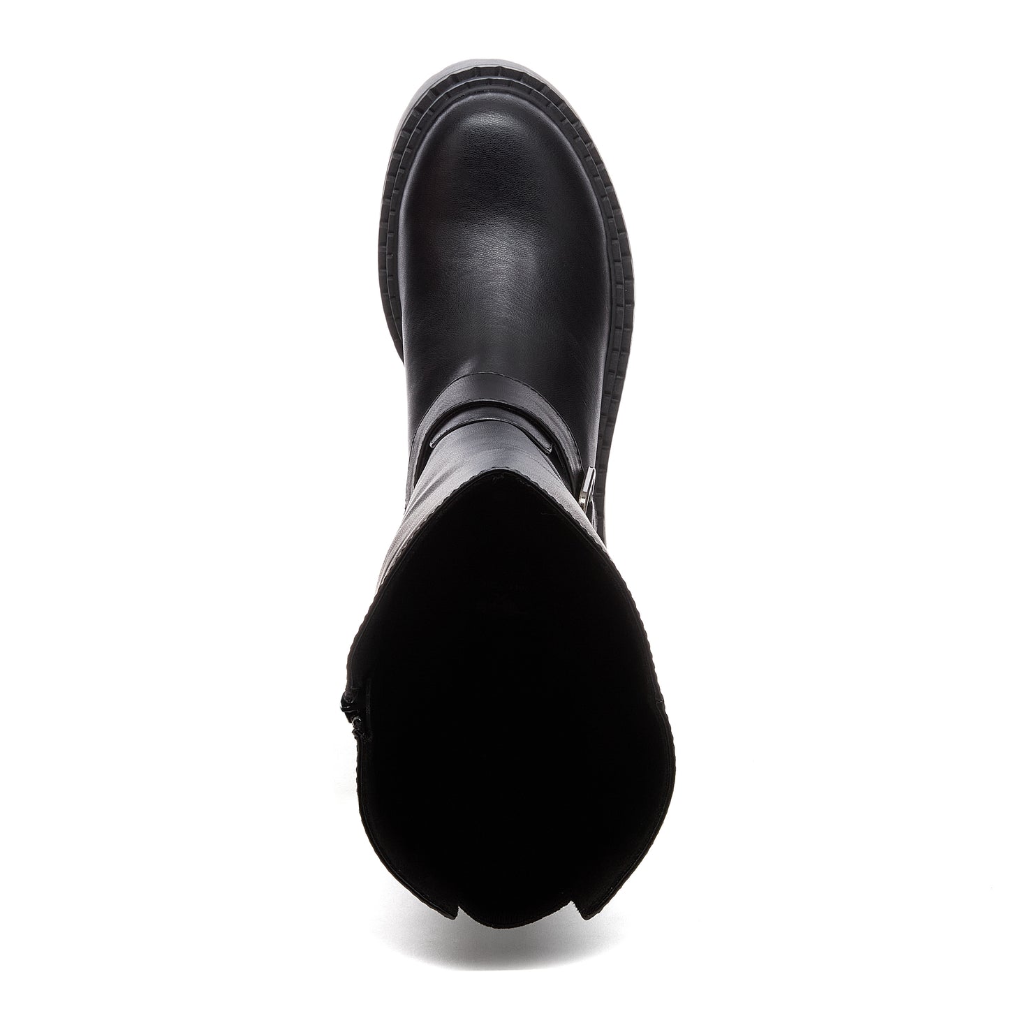 Parker Black Knee High Boots black boots top view showing rounded toe, open shaft and buckle strap
