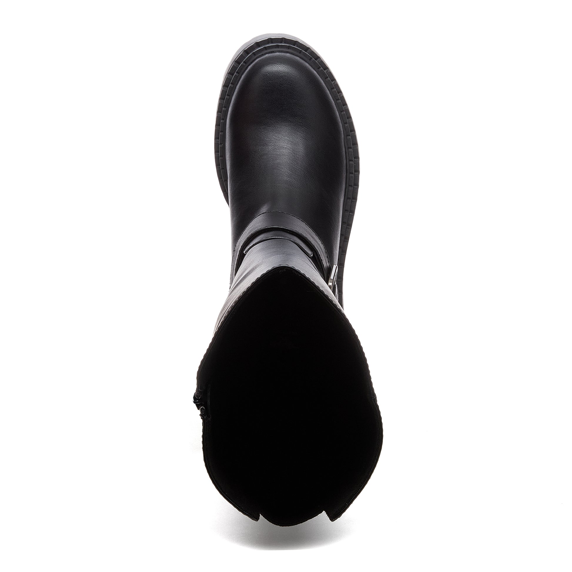 Parker Black Knee High Boots black boots top view showing rounded toe, open shaft and buckle strap