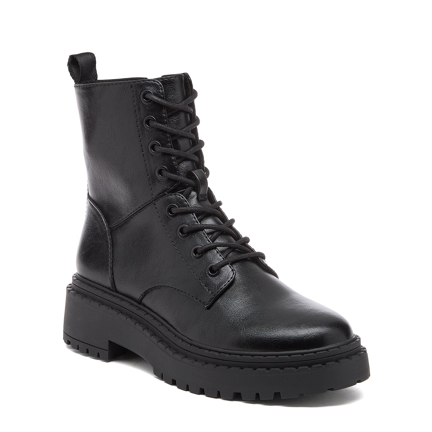 Prima Black Combat Boots in black, front angled view showing black laces, eyelets and chunky sole