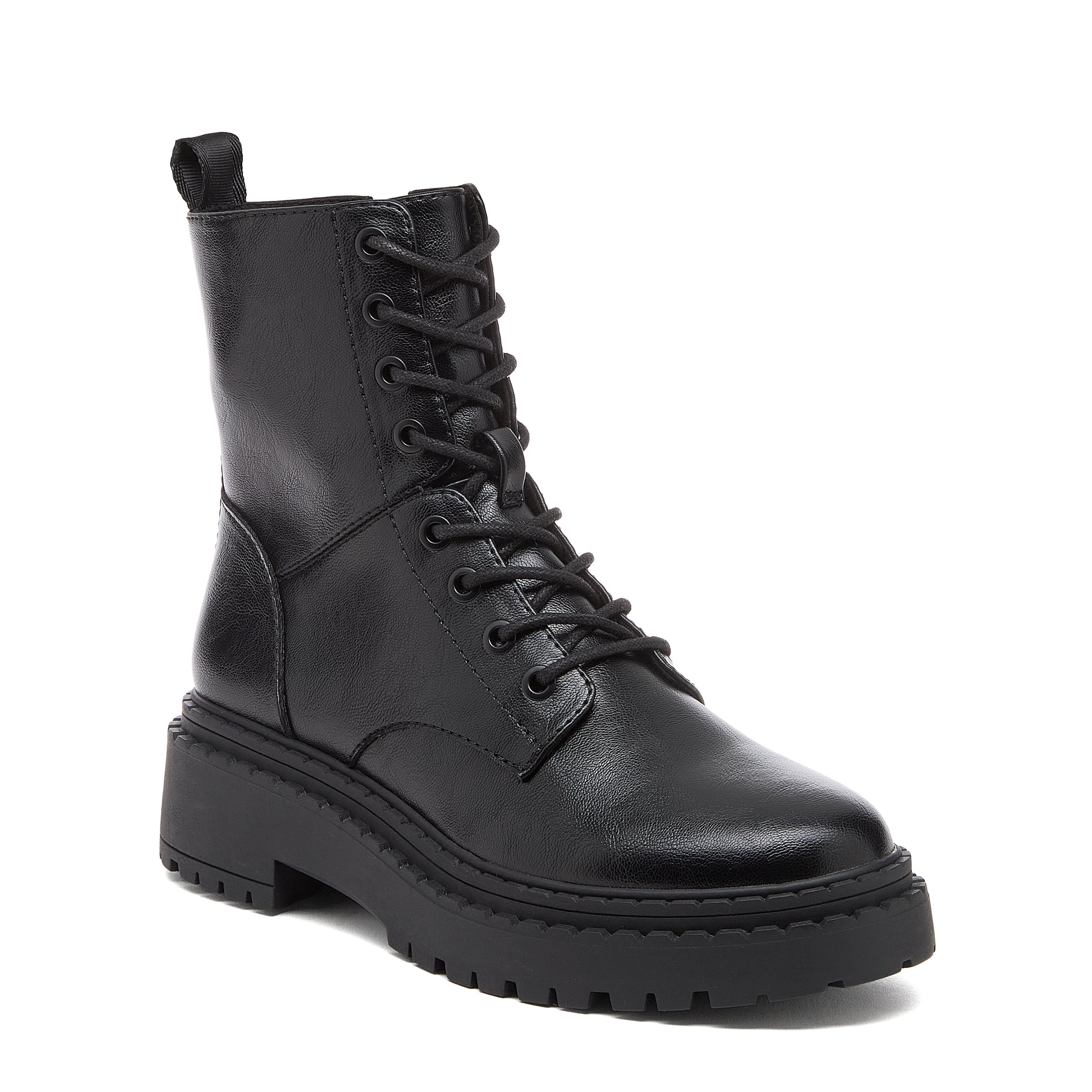 Prima Black Combat Boots in black, front angled view showing black laces, eyelets and chunky sole