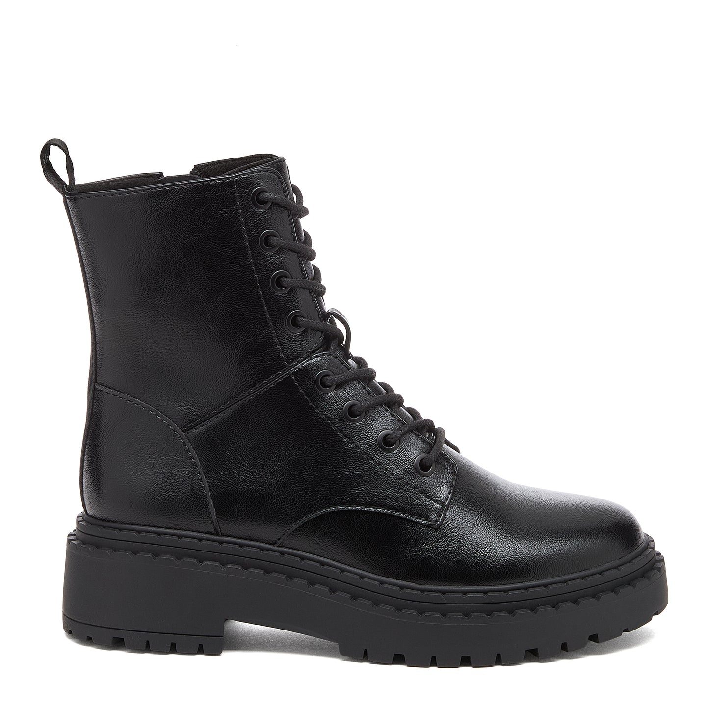 Prima Black Combat Boots in black, side view showing panel stitching, lace-up front and rear pull tab