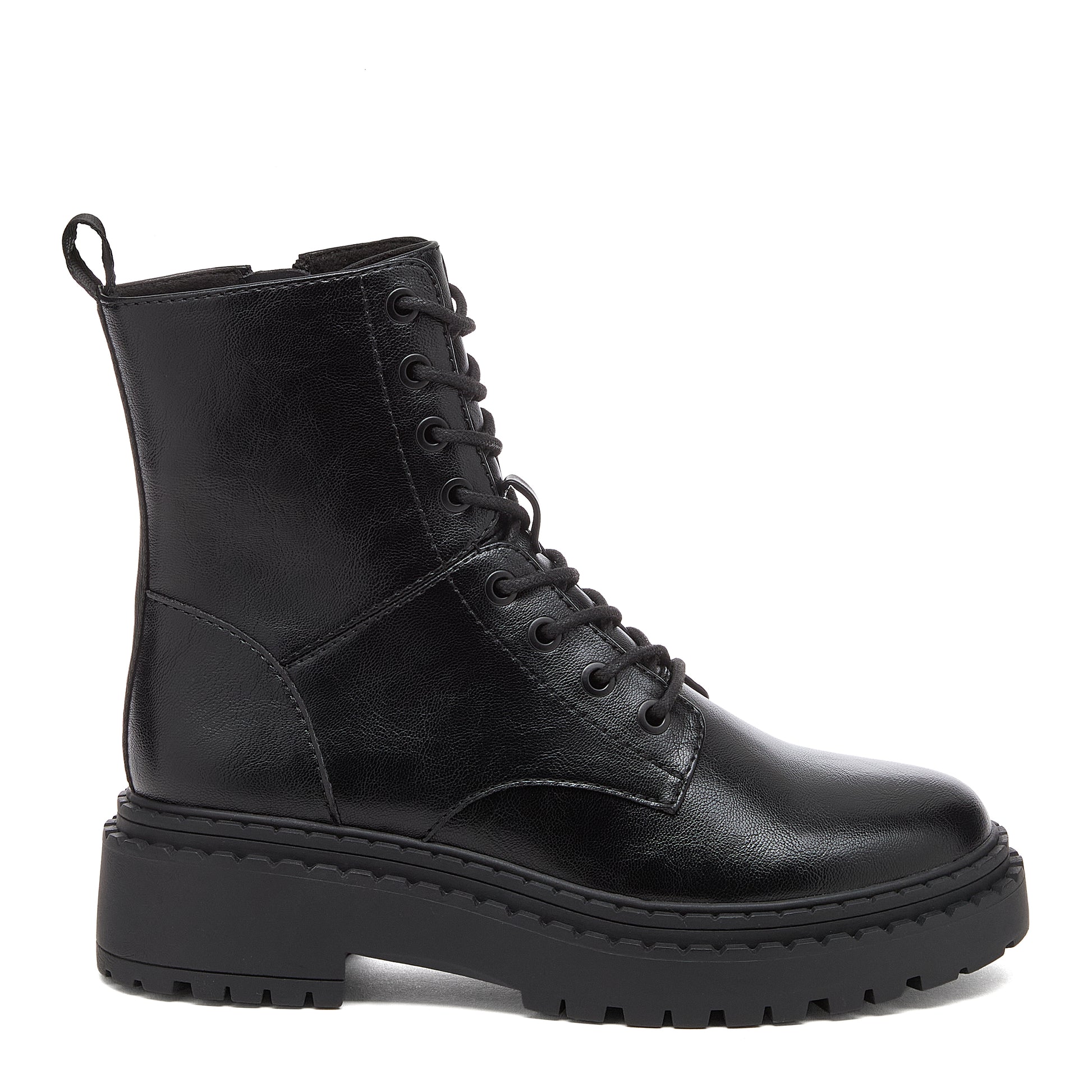 Prima Black Combat Boots in black, side view showing panel stitching, lace-up front and rear pull tab