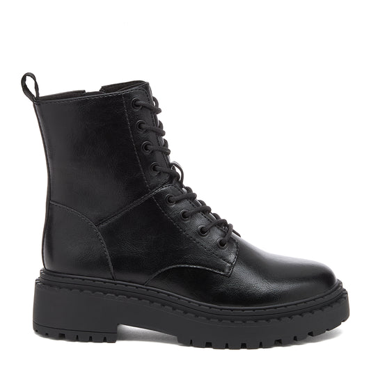 Prima Black Combat Boots in black, side view showing panel stitching, lace-up front and rear pull tab