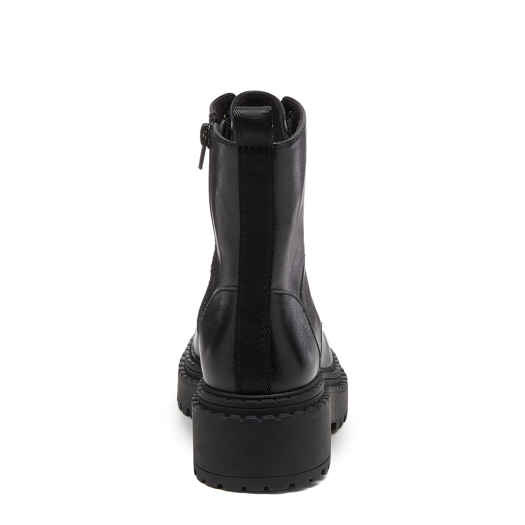 Prima Black Combat Boots in black, side view showing lace-up front, side zip and treaded sole