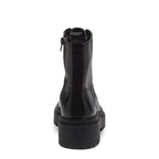 Prima Black Combat Boots in black, side view showing lace-up front, side zip and treaded sole