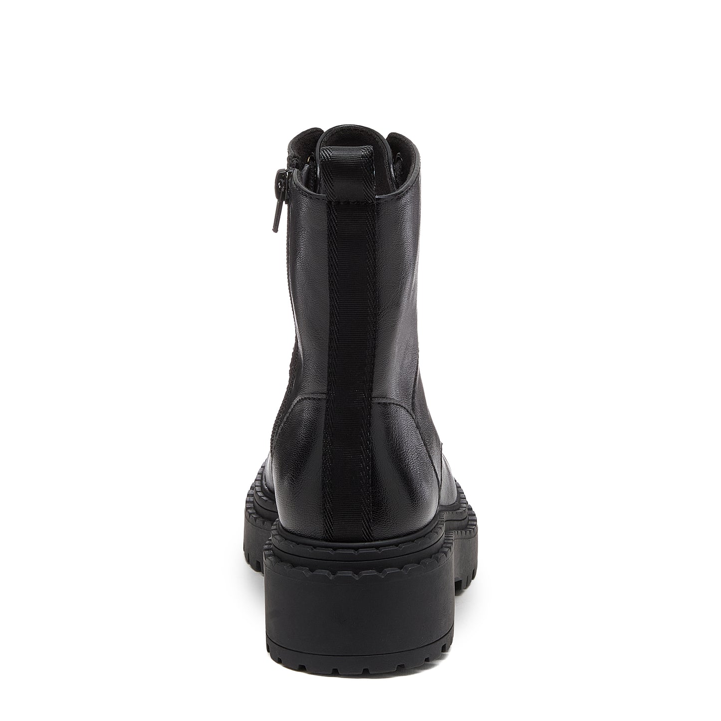 Prima Black Combat Boots in black, side view showing lace-up front, side zip and treaded sole