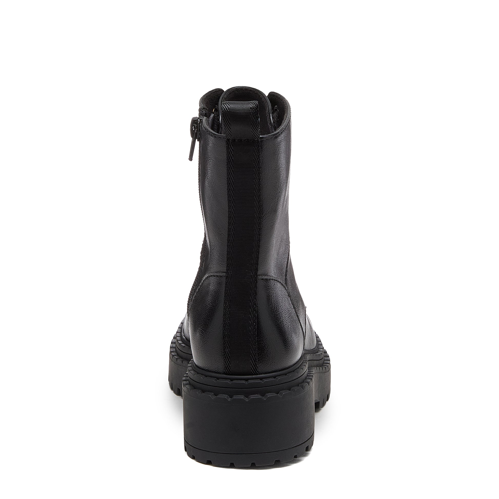Prima Black Combat Boots in black, side view showing lace-up front, side zip and treaded sole