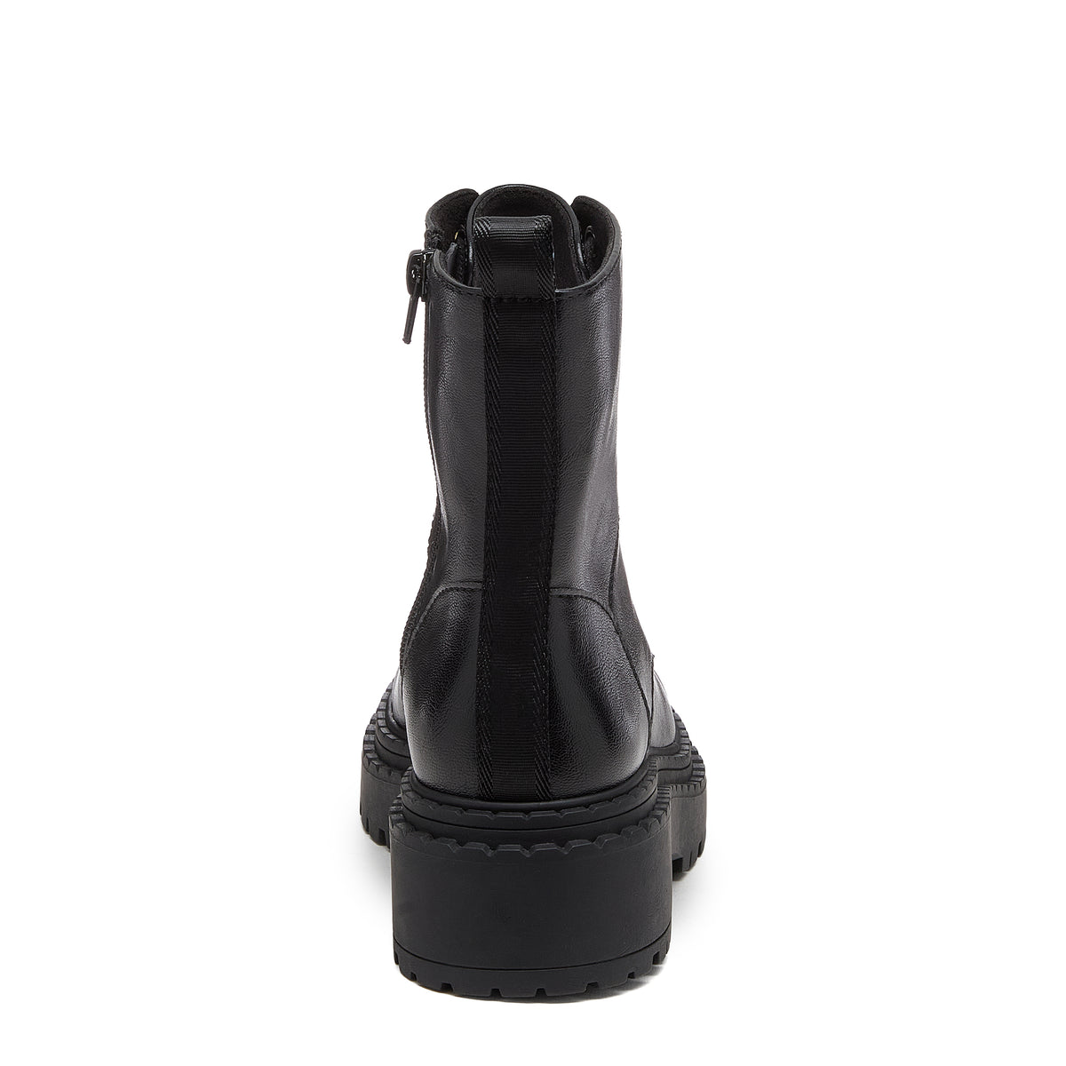 Prima Black Combat Boots in black, side view showing lace-up front, side zip and treaded sole