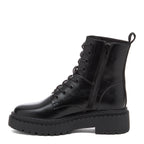 Prima Black Combat Boots in black, side view showing lace-up front, side zip and treaded sole