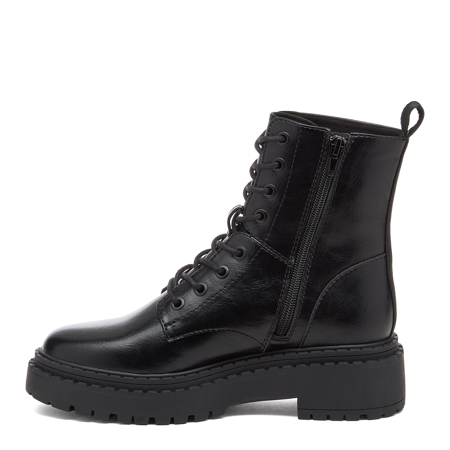 Prima Black Combat Boots in black, side view showing lace-up front, side zip and treaded sole