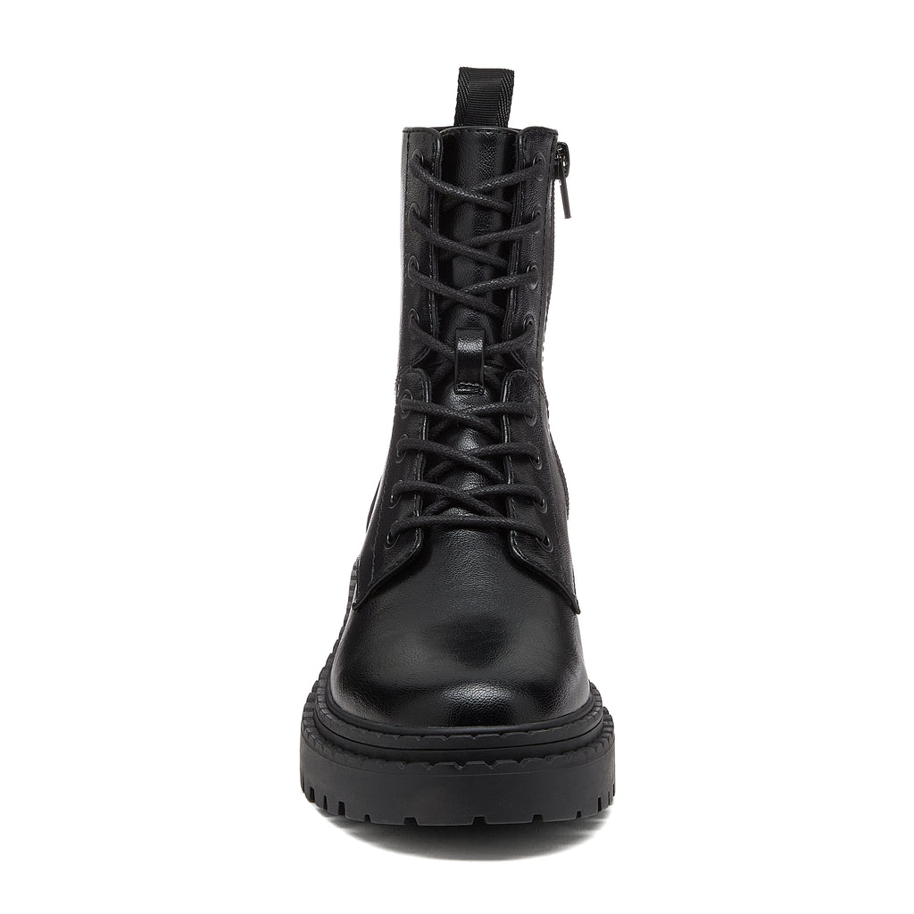 Prima Black Combat Boots in black, front angled view showing black laces, eyelets and chunky sole