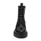 Prima Black Combat Boots in black, front angled view showing black laces, eyelets and chunky sole