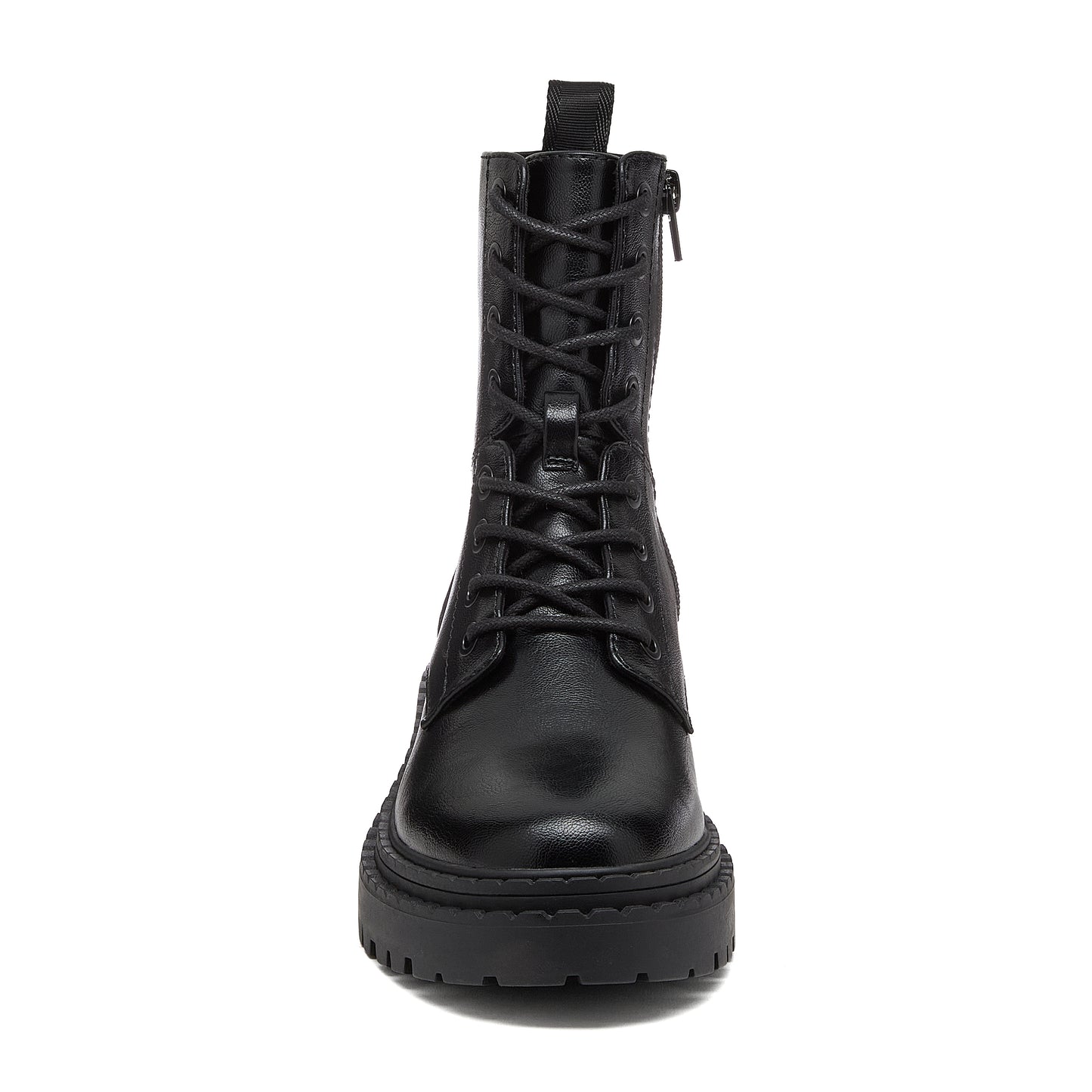 Prima Black Combat Boots in black, front angled view showing black laces, eyelets and chunky sole