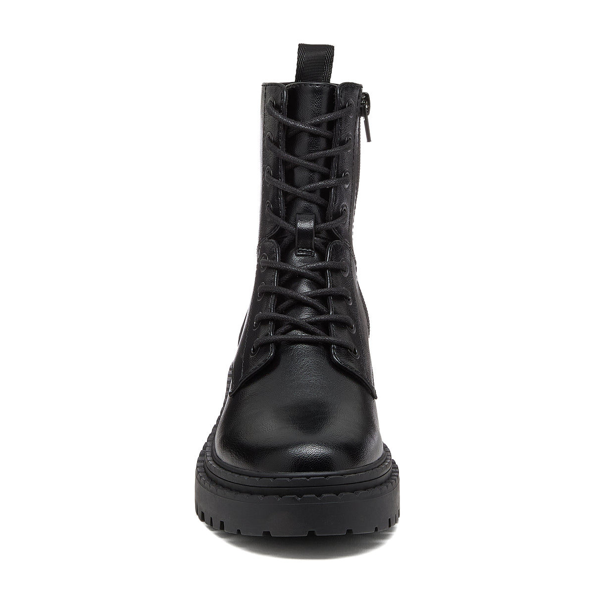 Prima Black Combat Boots in black, front angled view showing black laces, eyelets and chunky sole