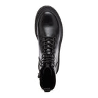Prima Black Combat Boots in black, top view showing rounded toe, laces and rear pull tab