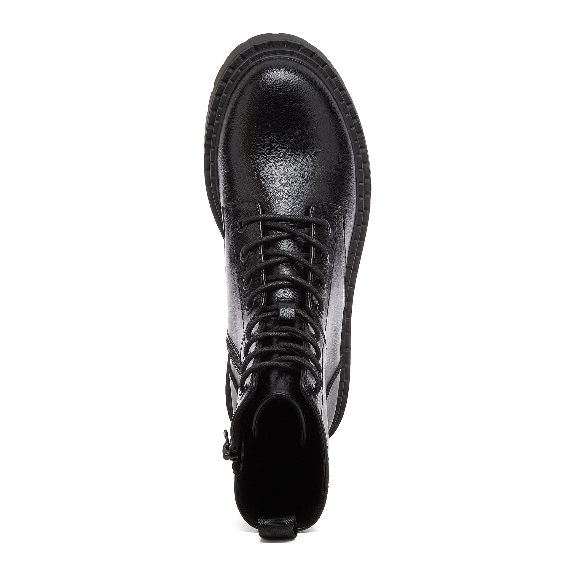 Prima Black Combat Boots in black, top view showing rounded toe, laces and rear pull tab