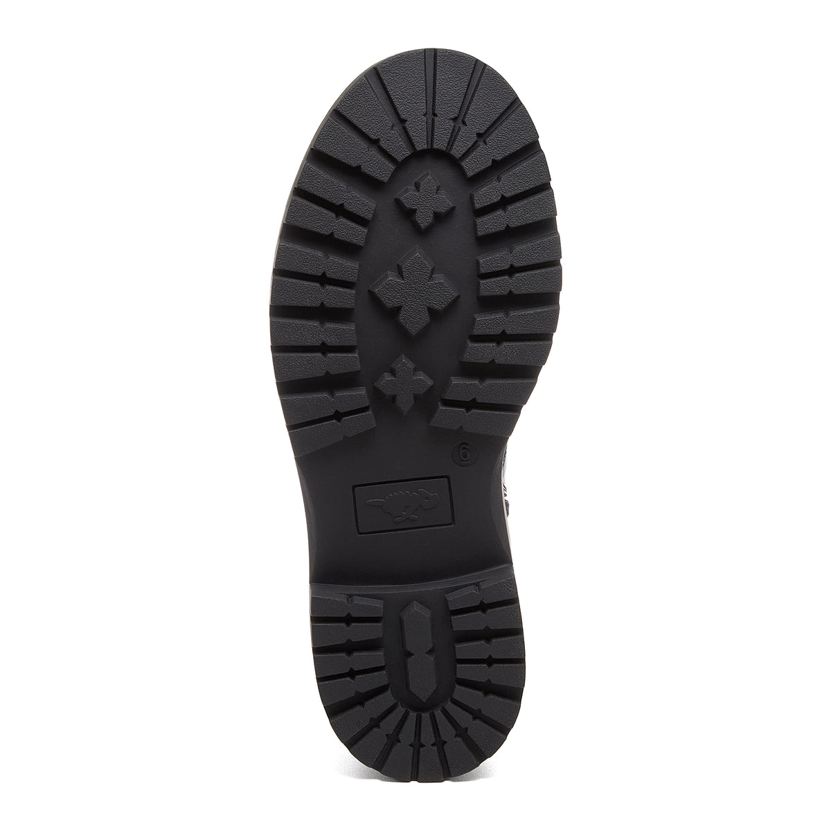 Prima Black Combat Boots in black, sole view showing deep tread pattern and Rocket Dog logo