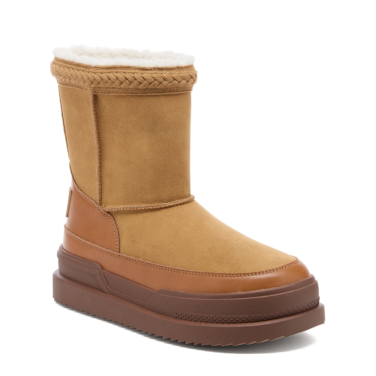 Ramble Tan Winter Boots in camel, front angled view showing rounded toe, cuff trim and brown sole
