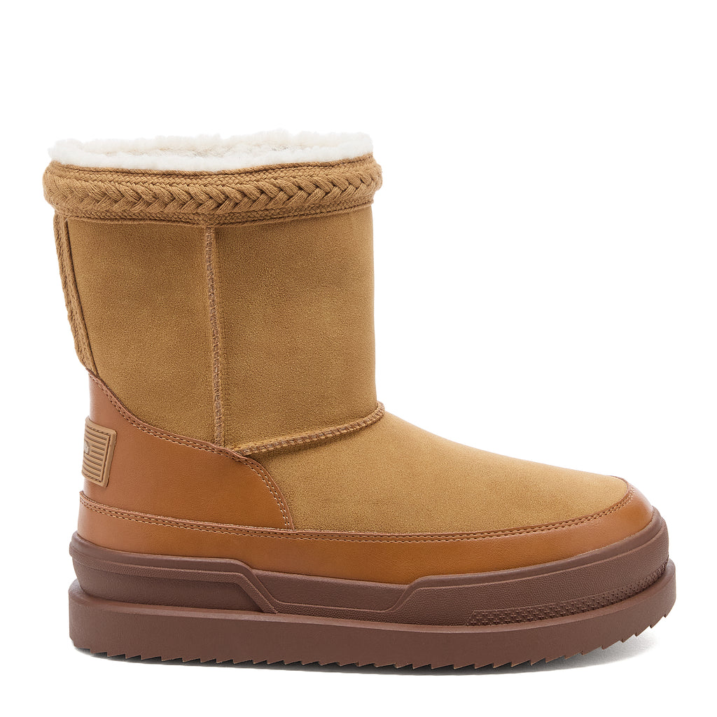 Ramble Tan Winter Boots in camel, outer side view showing pull-on boot shape, stitched panels and brown sole