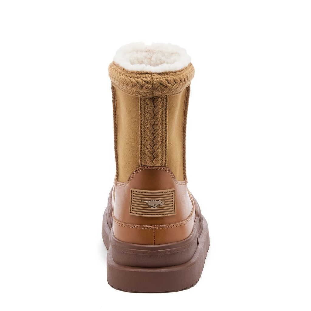 Ramble Tan Winter Boots in camel, rear view showing braided cuff trim, shearling-look lining and brown sole