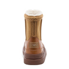 Ramble Tan Winter Boots in camel, rear view showing braided cuff trim, shearling-look lining and brown sole