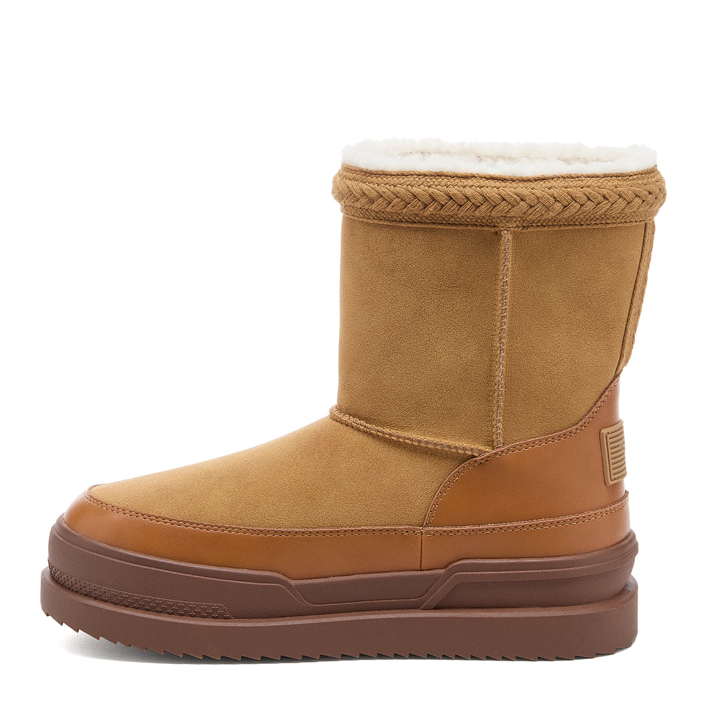 Ramble Tan Winter Boots in camel, inner side view showing stitched panels, braided cuff trim and brown sole