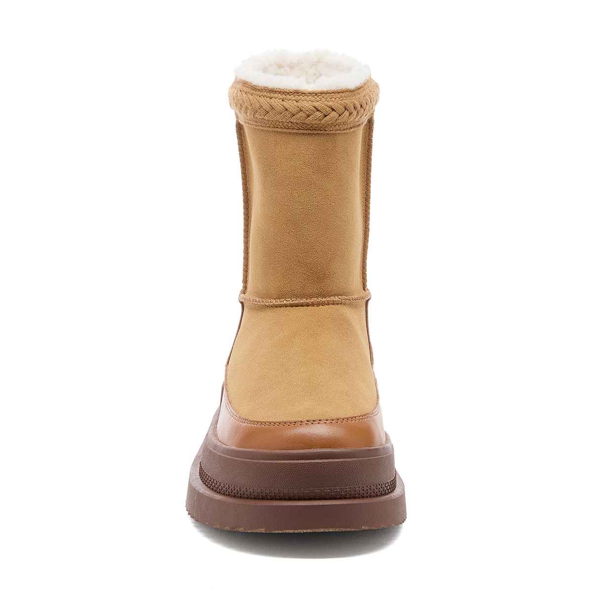 Ramble Tan Winter Boots in camel, front view showing stitched centre panel, braided cuff trim and brown sole