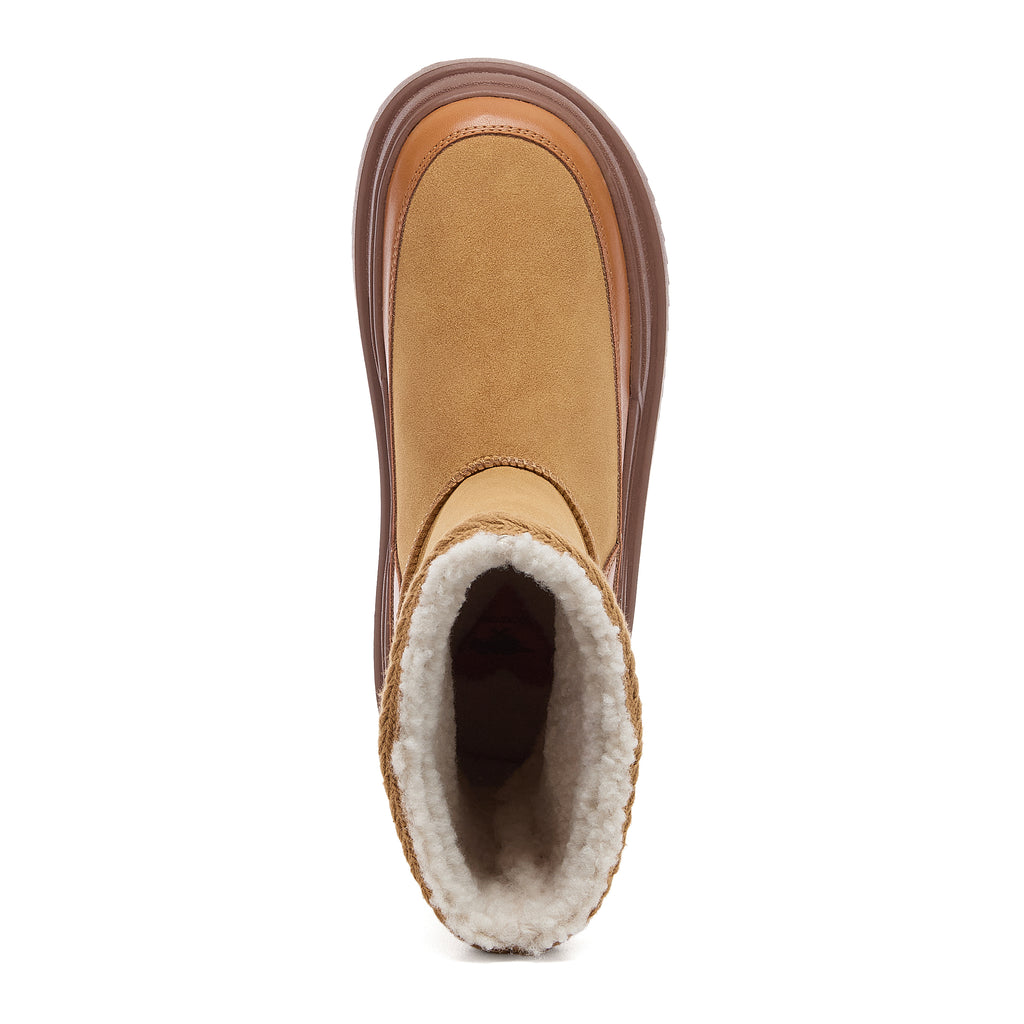 Ramble Tan Winter Boots in camel, top view showing rounded toe, pull-on opening and shearling-look cuff lining