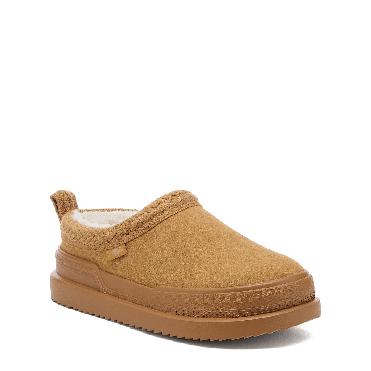 Relax Tan Mule Slippers camel slippers front angled view showing rounded toe, braided collar and side logo tab