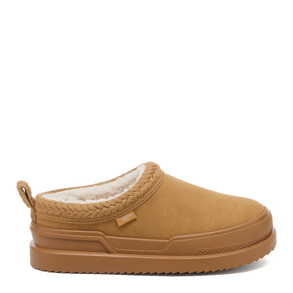 Relax Tan Mule Slippers camel slippers side view showing slip-on mule shape, braided collar and chunky sole