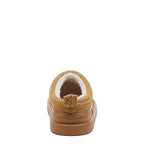 Relax Tan Mule Slippers camel slippers rear view showing braided collar, heel pull tab and cream lining