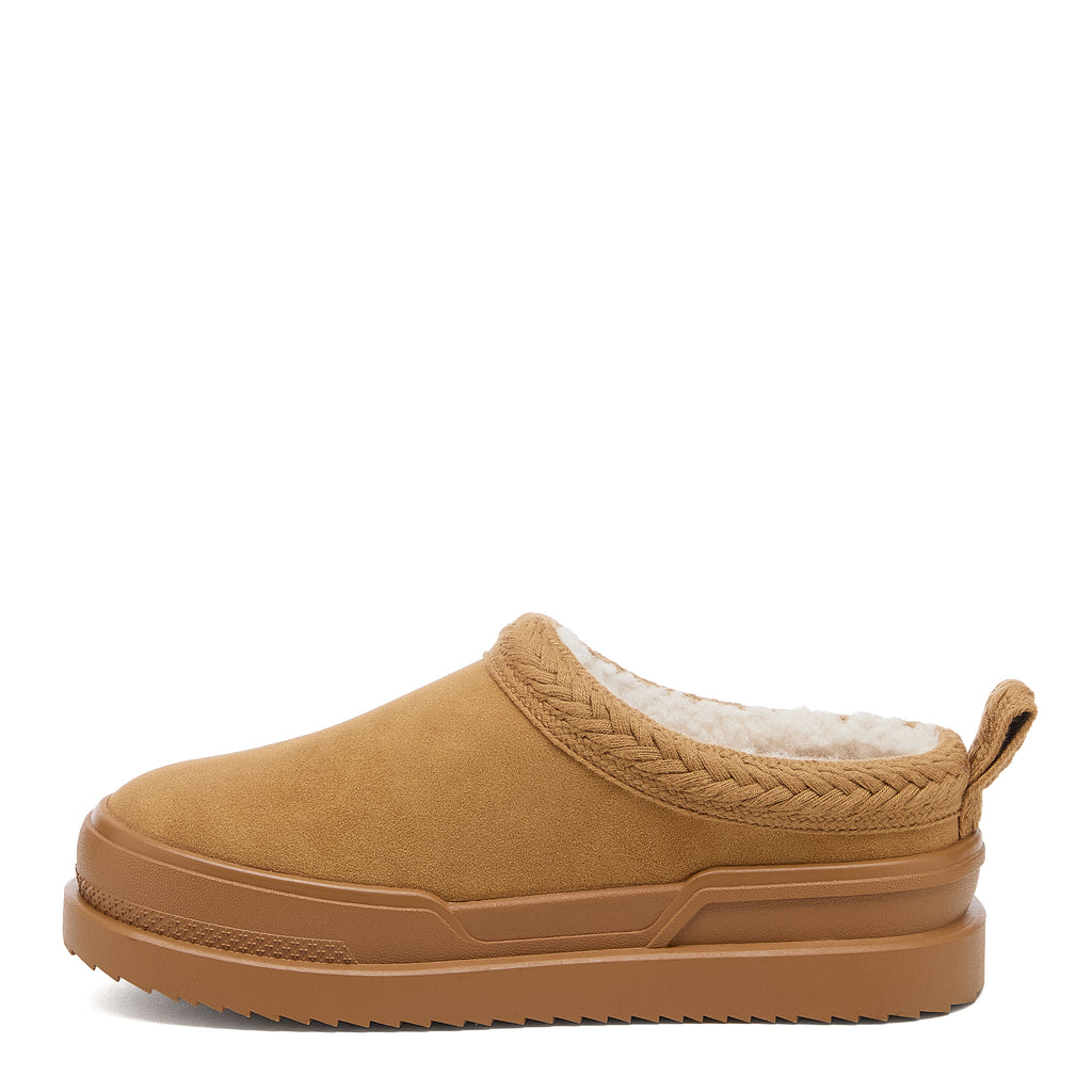 Relax Tan Mule Slippers camel slippers side view showing low mule back, cream lining and textured sole edge