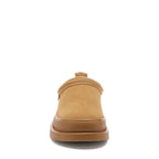 Relax Tan Mule Slippers camel slippers front angled view showing rounded toe, braided collar and side logo tab