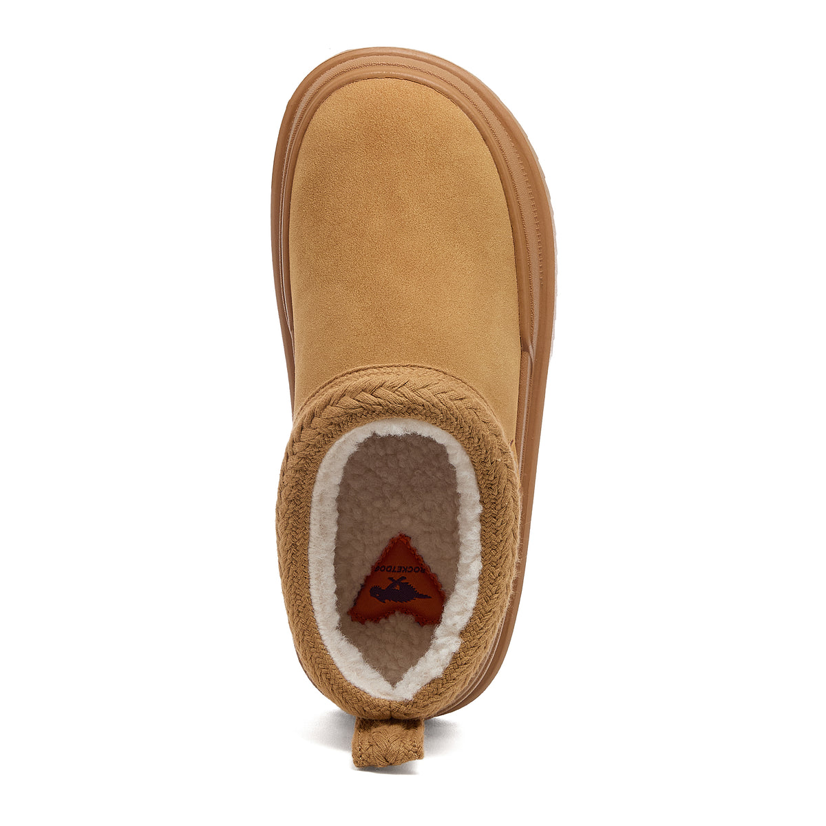 Relax Tan Mule Slippers camel slippers top view showing rounded toe, open back and cream lining