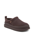 Relax Chocolate Mule Slippers dark brown casuals front angled view showing the braided collar trim, side logo tab and chunky sole