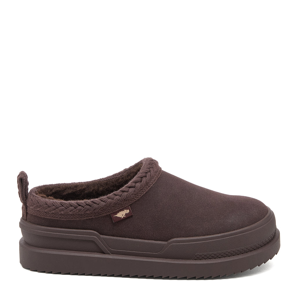 Relax Chocolate Mule Slippers dark brown casuals side view showing the slip-on mule shape, braided collar trim and back pull tab