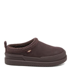Relax Chocolate Mule Slippers dark brown casuals side view showing the slip-on mule shape, braided collar trim and back pull tab