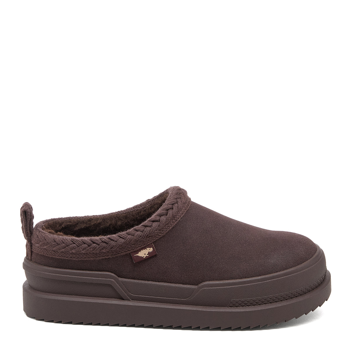 Relax Chocolate Mule Slippers dark brown casuals side view showing the slip-on mule shape, braided collar trim and back pull tab