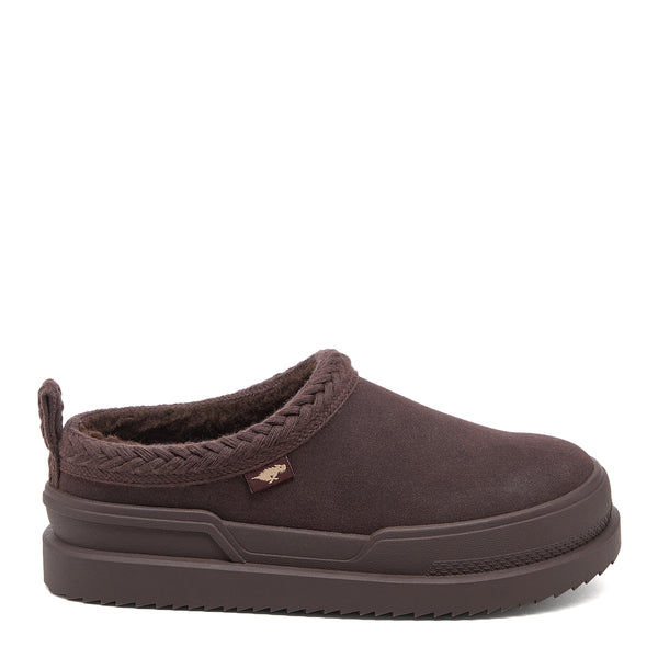 Relax Chocolate Mule Slippers dark brown casuals side view showing the slip-on mule shape, braided collar trim and back pull tab