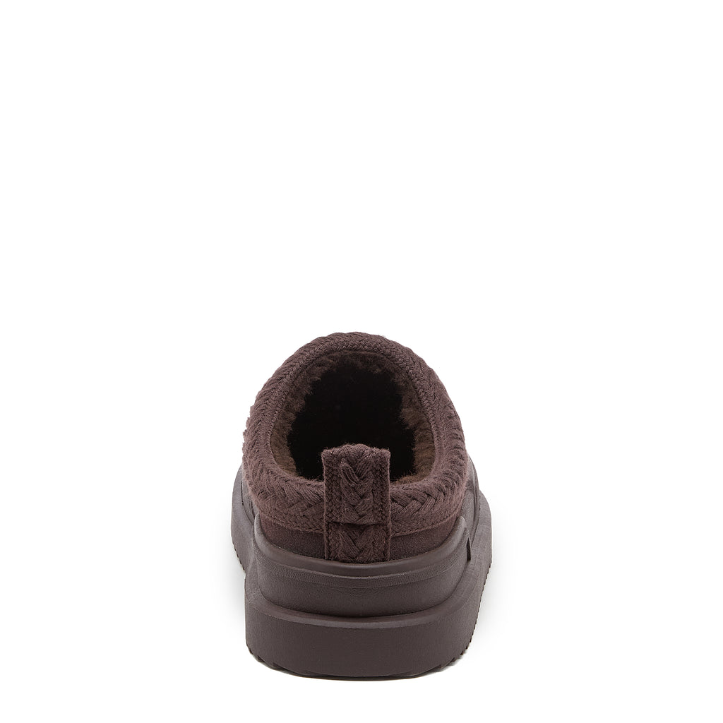 Relax Chocolate Mule Slippers dark brown casuals back view showing the pull tab, low heel opening and braided trim